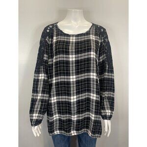 Lane Bryant Plaid Lace Blouse 14 16 Black White Puff Sleeve Pull Over Top Shirt